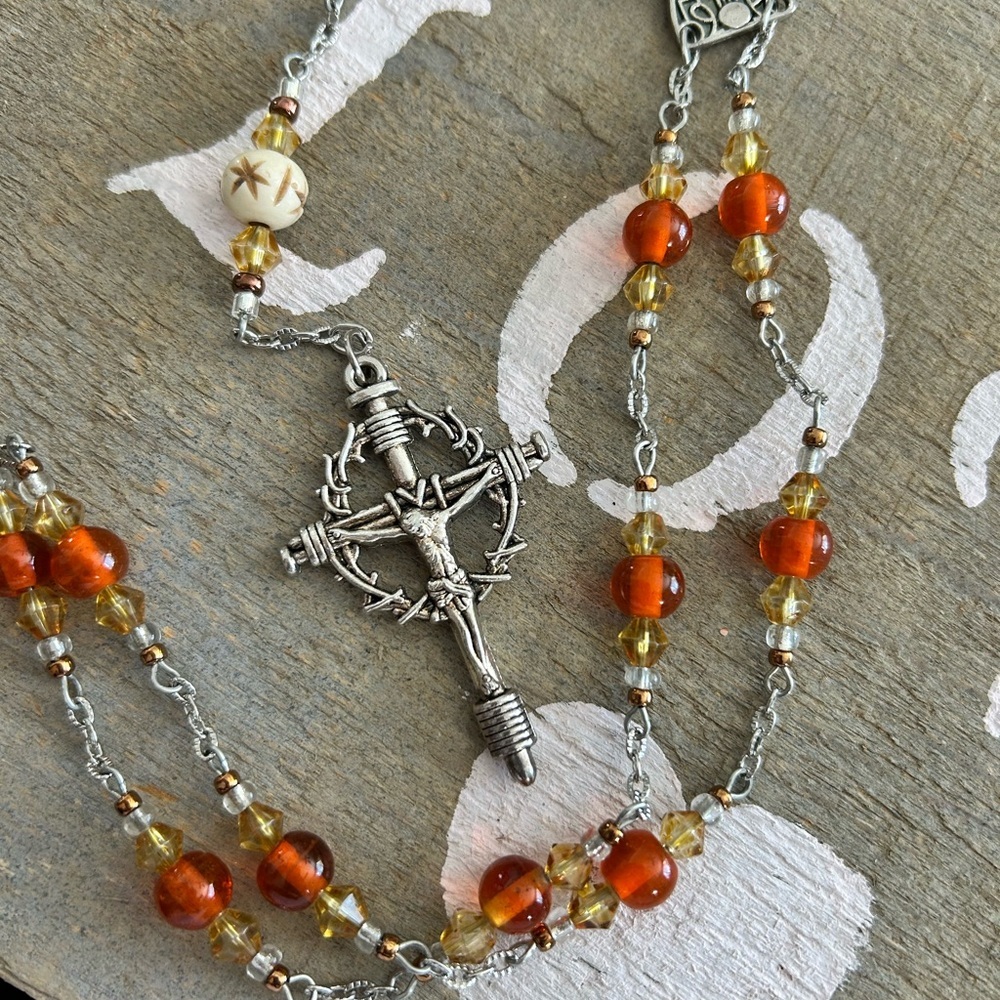 4/$100 Silver and Amber ROSARY Beaded Cross Necklace 18 inches